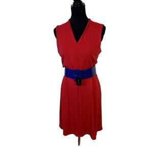 Talbots Womens Red Sleeveless Midi Dress Bodycon Sheath Size Med Wide Blue Belt